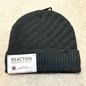 NWT Kenneth Cole Reaction Charcoal Lined Herringbone Knit Beanie Unisex
